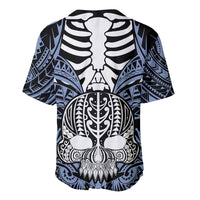 Blue baseball jersey with back skull graphic and tribal geometric patterns, crew collar
