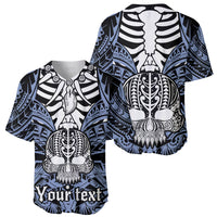 Blue baseball jersey showing two views: front and back skull graphics with tribal print