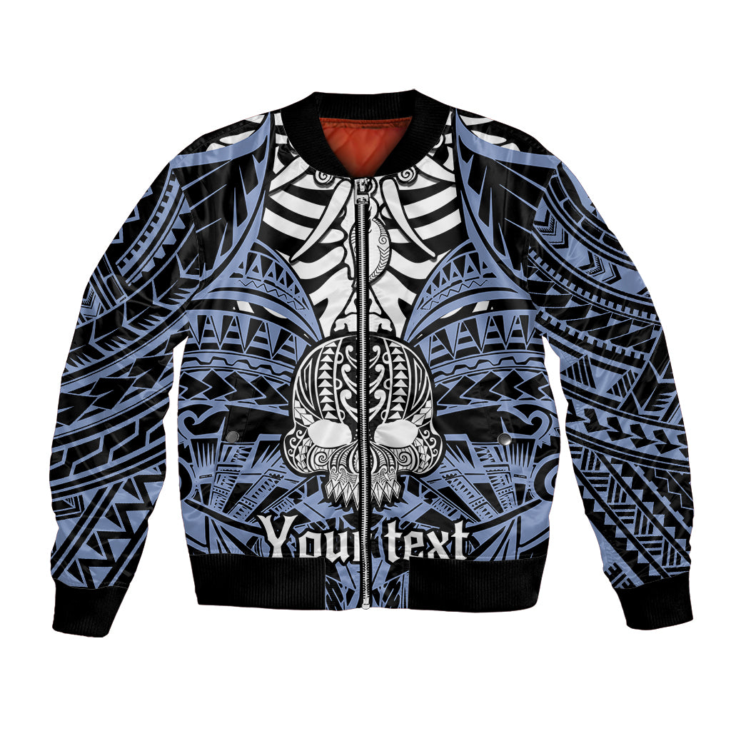 Blue bomber jacket with black, white skull graphic, ribbed collar and cuffs