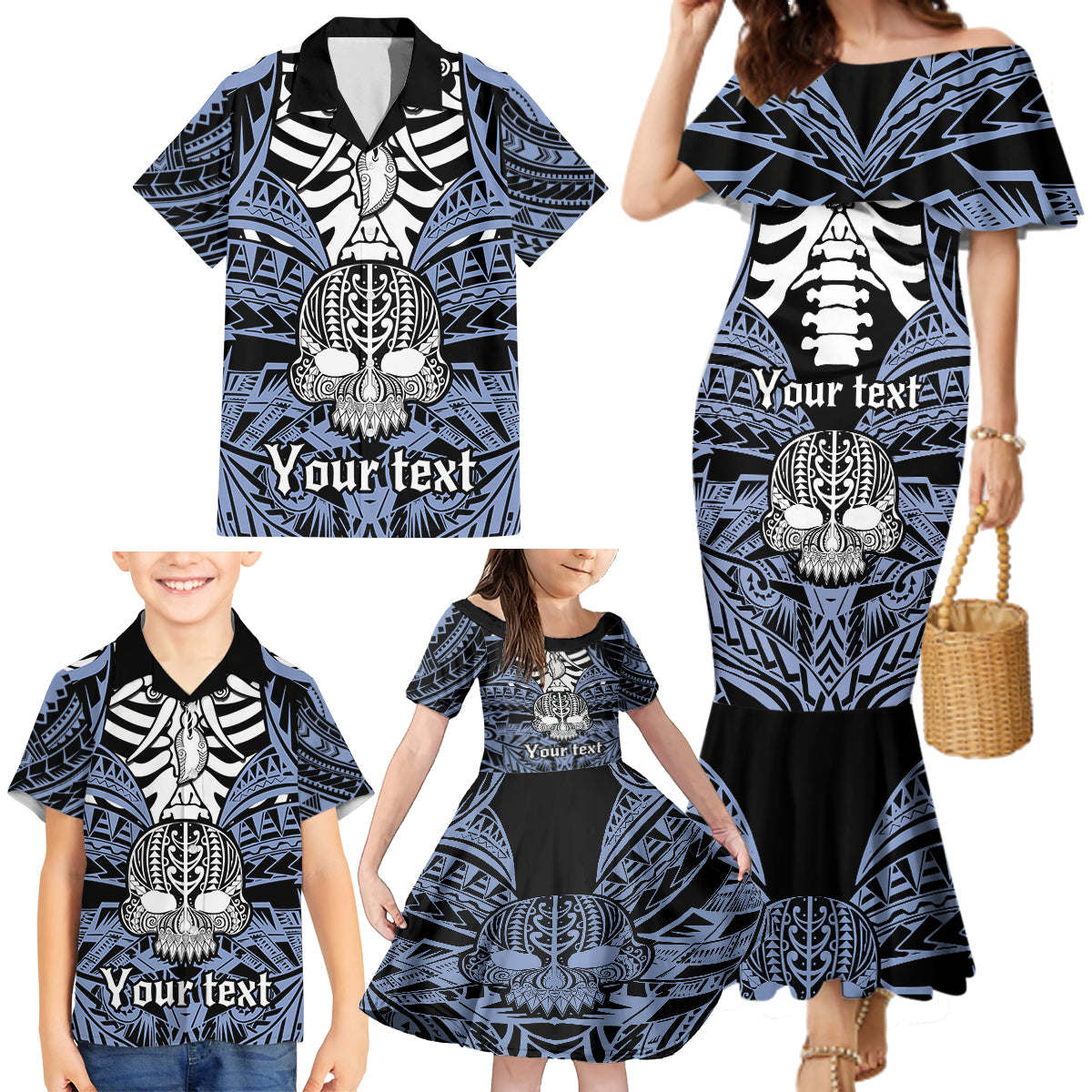 Personalised Polynesia Skull Family Matching Mermaid Dress and Hawaiian Shirt With Boars Tusk Blue Arty Vibe LT9 - Wonder Print Shop