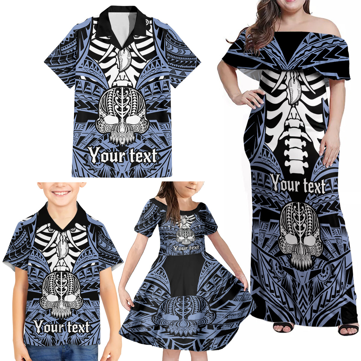 Personalised Polynesia Skull Family Matching Off Shoulder Maxi Dress and Hawaiian Shirt With Boars Tusk Blue Arty Vibe LT9 - Wonder Print Shop