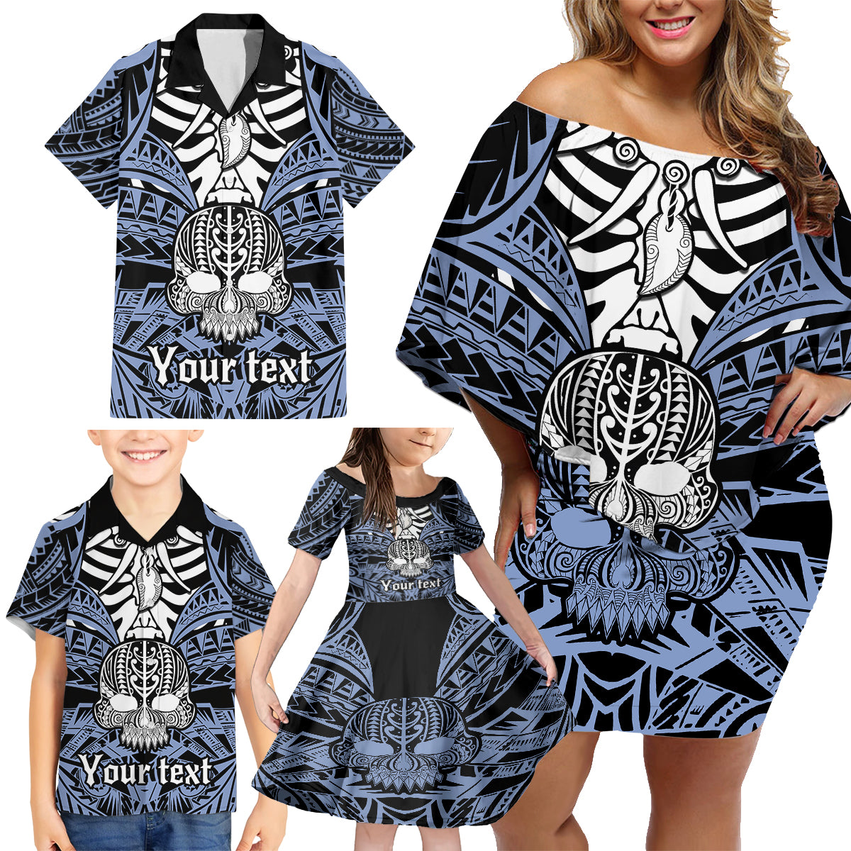 Personalised Polynesia Skull Family Matching Off Shoulder Short Dress and Hawaiian Shirt With Boars Tusk Blue Arty Vibe LT9 - Wonder Print Shop