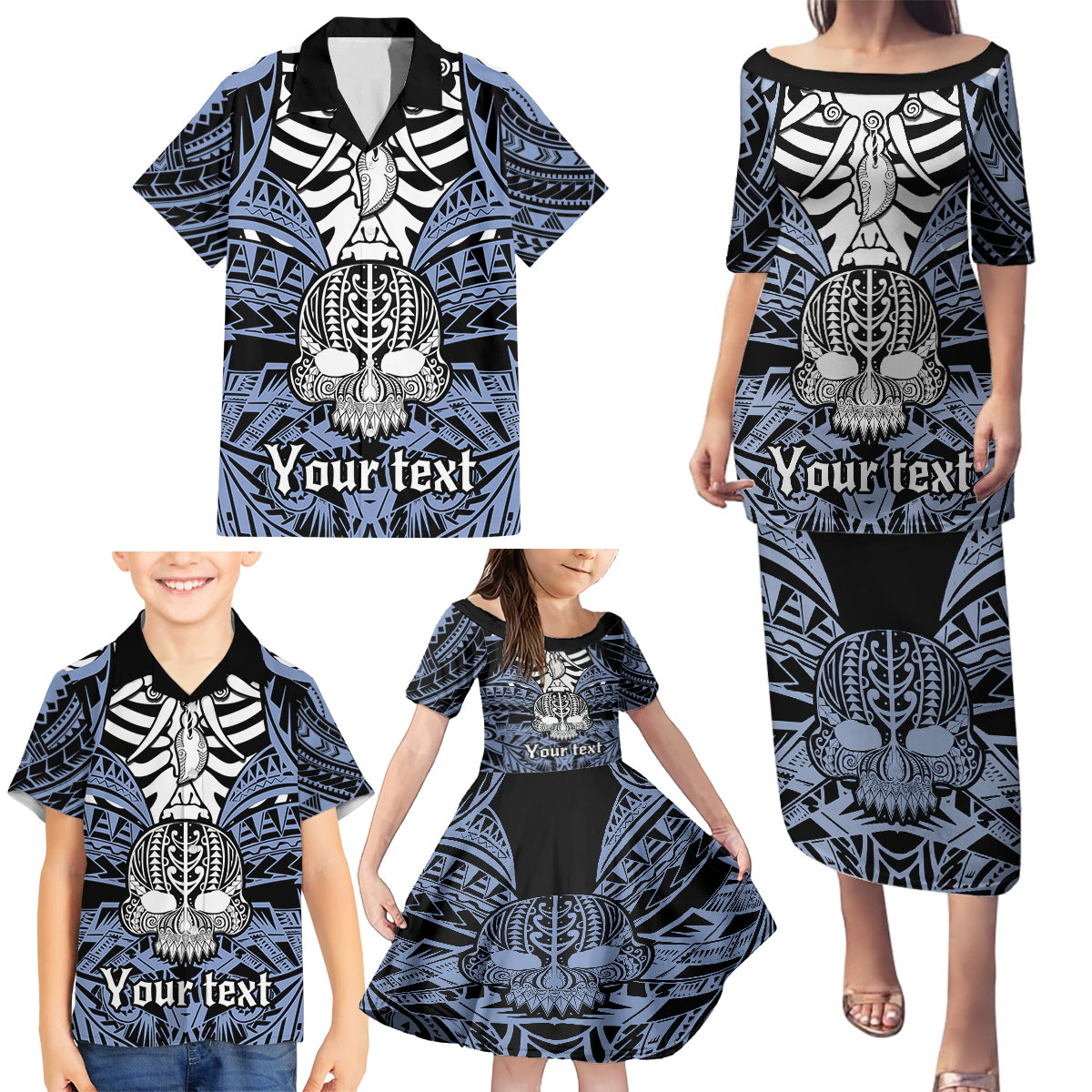 Personalised Polynesia Skull Family Matching Puletasi Dress and Hawaiian Shirt With Boars Tusk Blue Arty Vibe - Wonder Print Shop