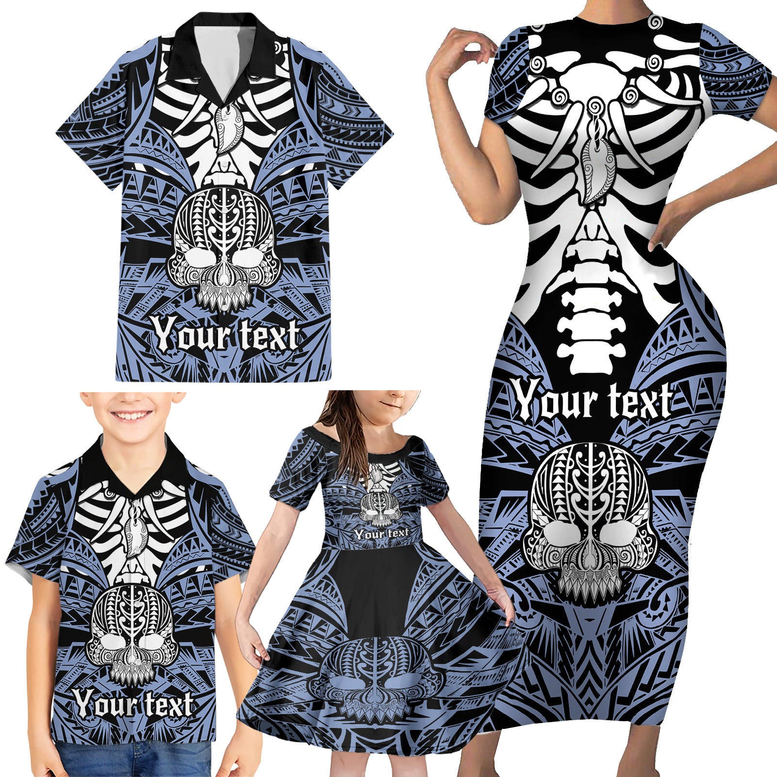 Personalised Polynesia Skull Family Matching Short Sleeve Bodycon Dress and Hawaiian Shirt With Boars Tusk Blue Arty Vibe - Wonder Print Shop