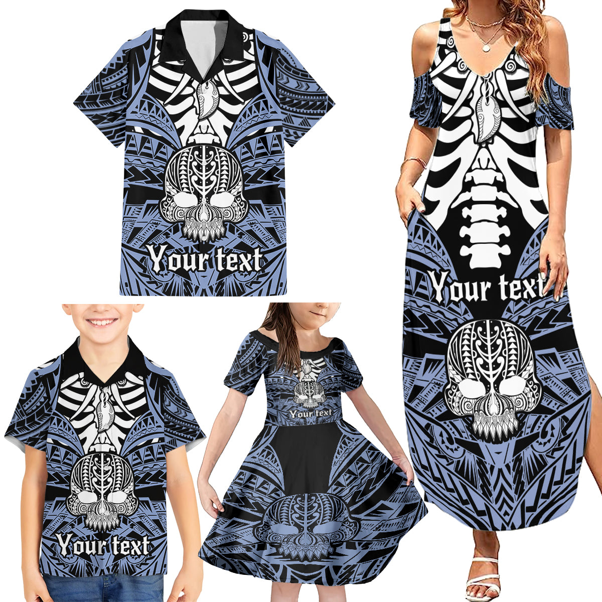 Personalised Polynesia Skull Family Matching Summer Maxi Dress and Hawaiian Shirt With Boars Tusk Blue Arty Vibe - Wonder Print Shop