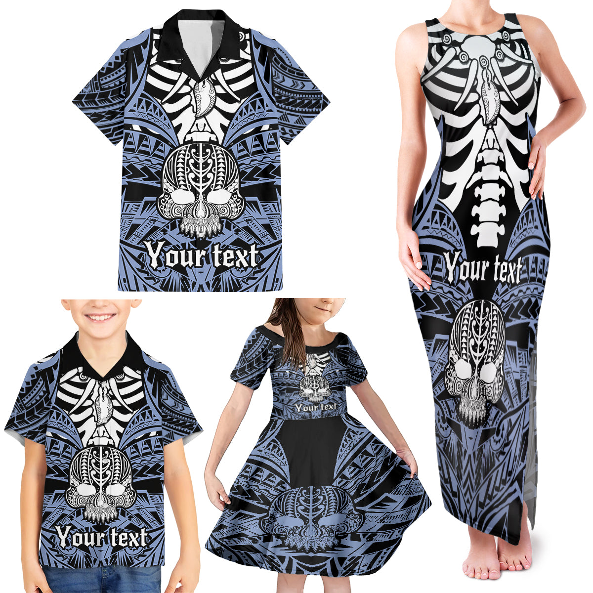 Personalised Polynesia Skull Family Matching Tank Maxi Dress and Hawaiian Shirt With Boars Tusk Blue Arty Vibe - Wonder Print Shop