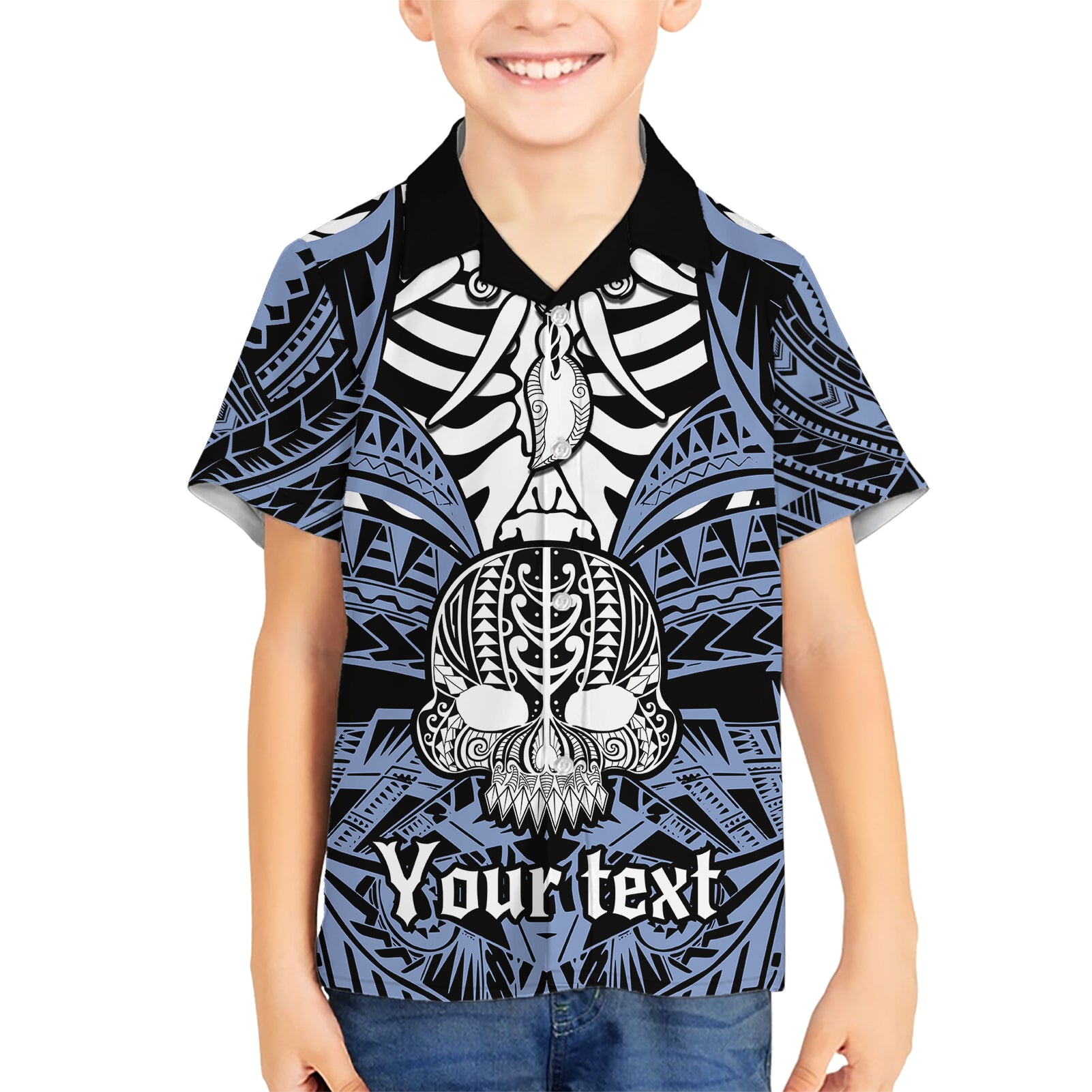 Personalised Polynesia Skull Kid Hawaiian Shirt With Boars Tusk Blue Arty Vibe - Wonder Print Shop