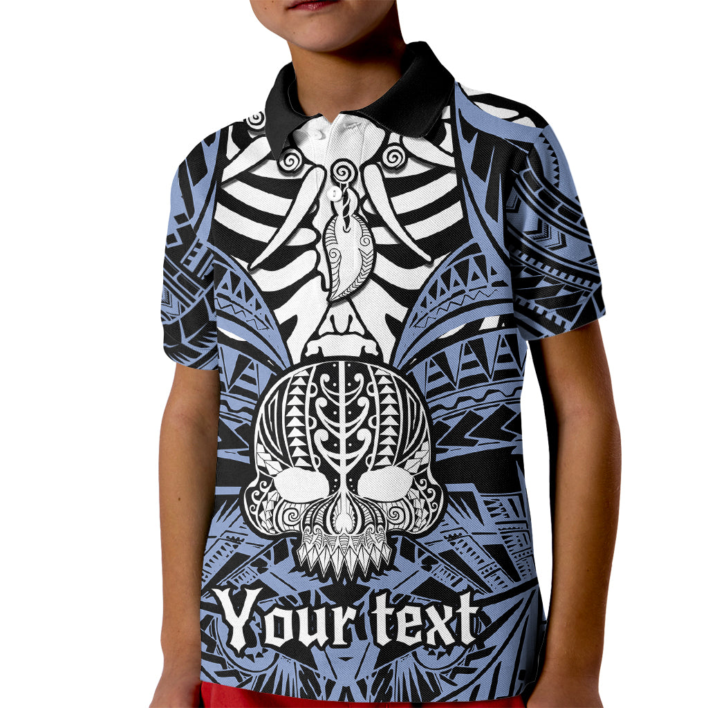 Personalised Polynesia Skull Kid Polo Shirt With Boars Tusk Blue Arty Vibe - Wonder Print Shop