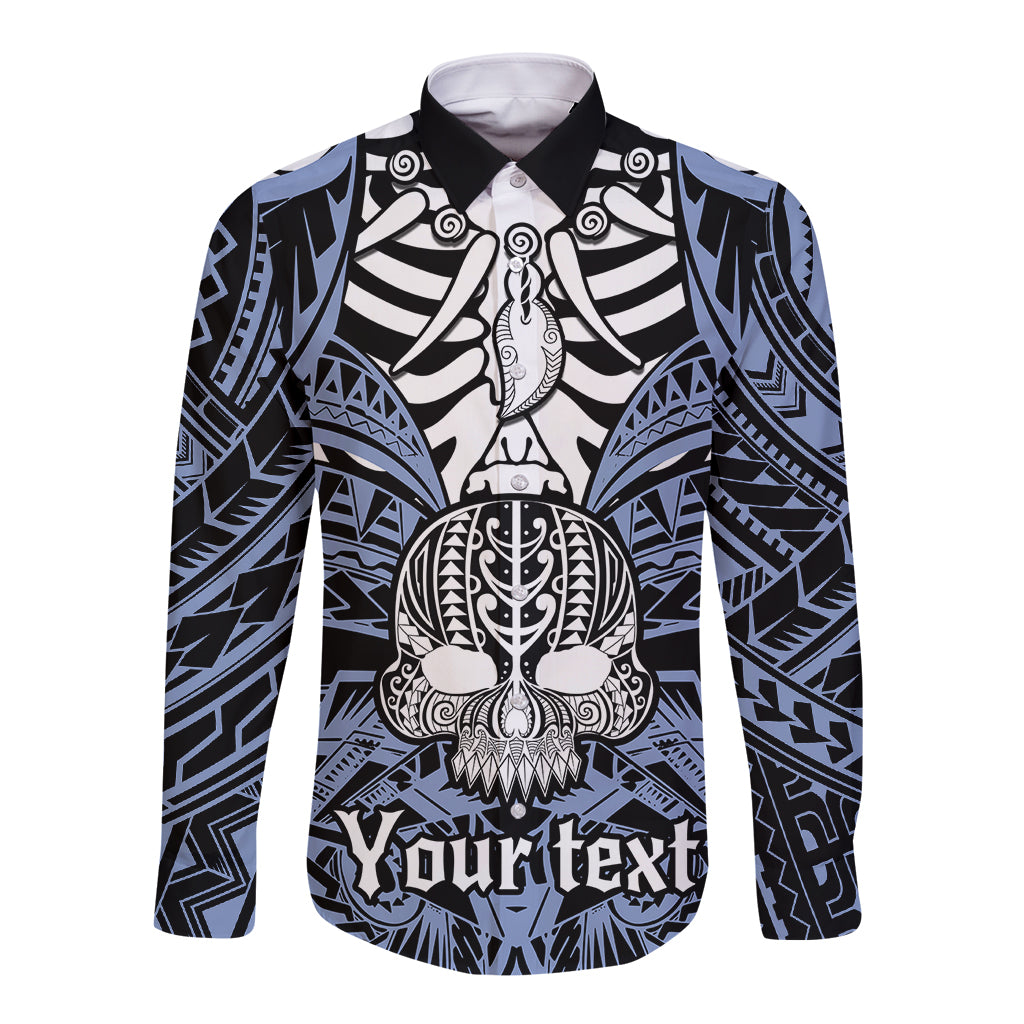 Personalised Polynesia Skull Long Sleeve Button Shirt With Boars Tusk Blue Arty Vibe - Wonder Print Shop