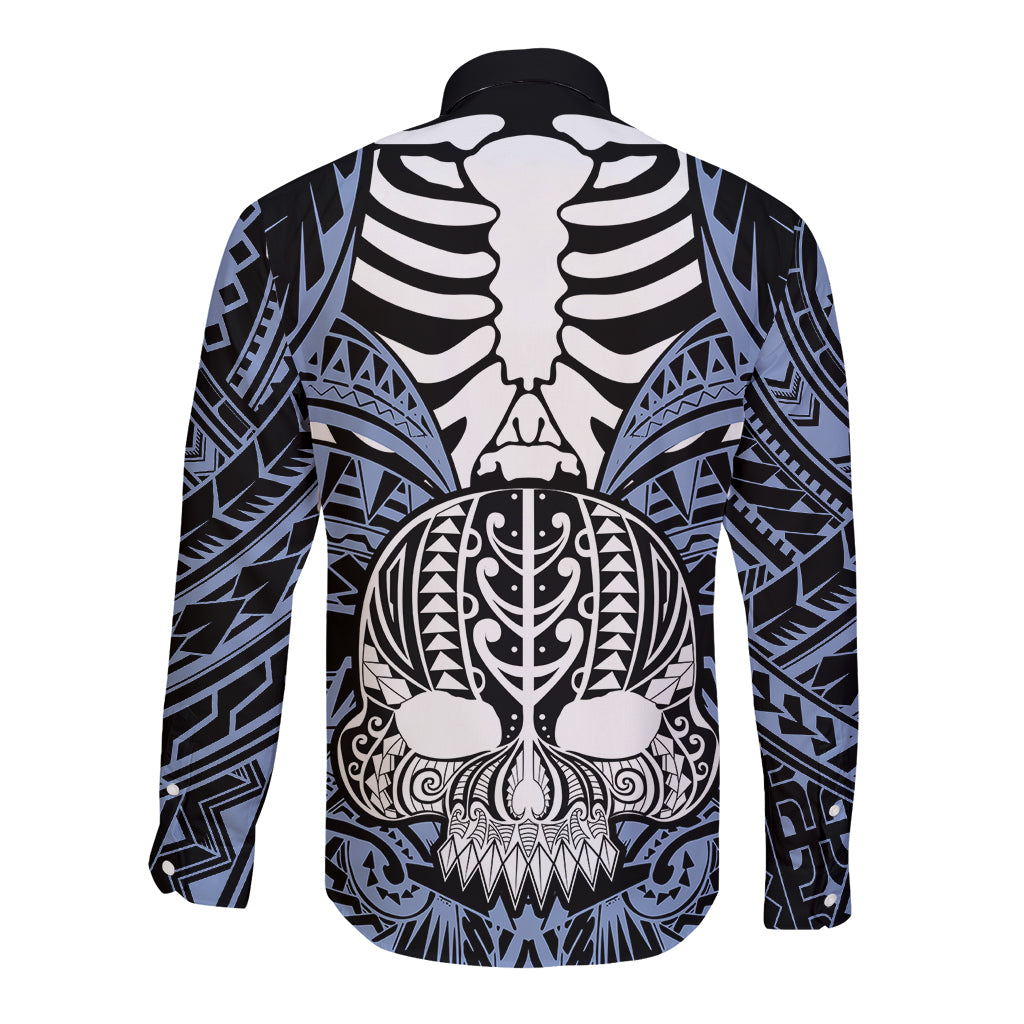 Blue long sleeve button shirt, back view with Polynesian skull graphic