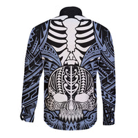 Blue long sleeve button shirt, back view with Polynesian skull graphic
