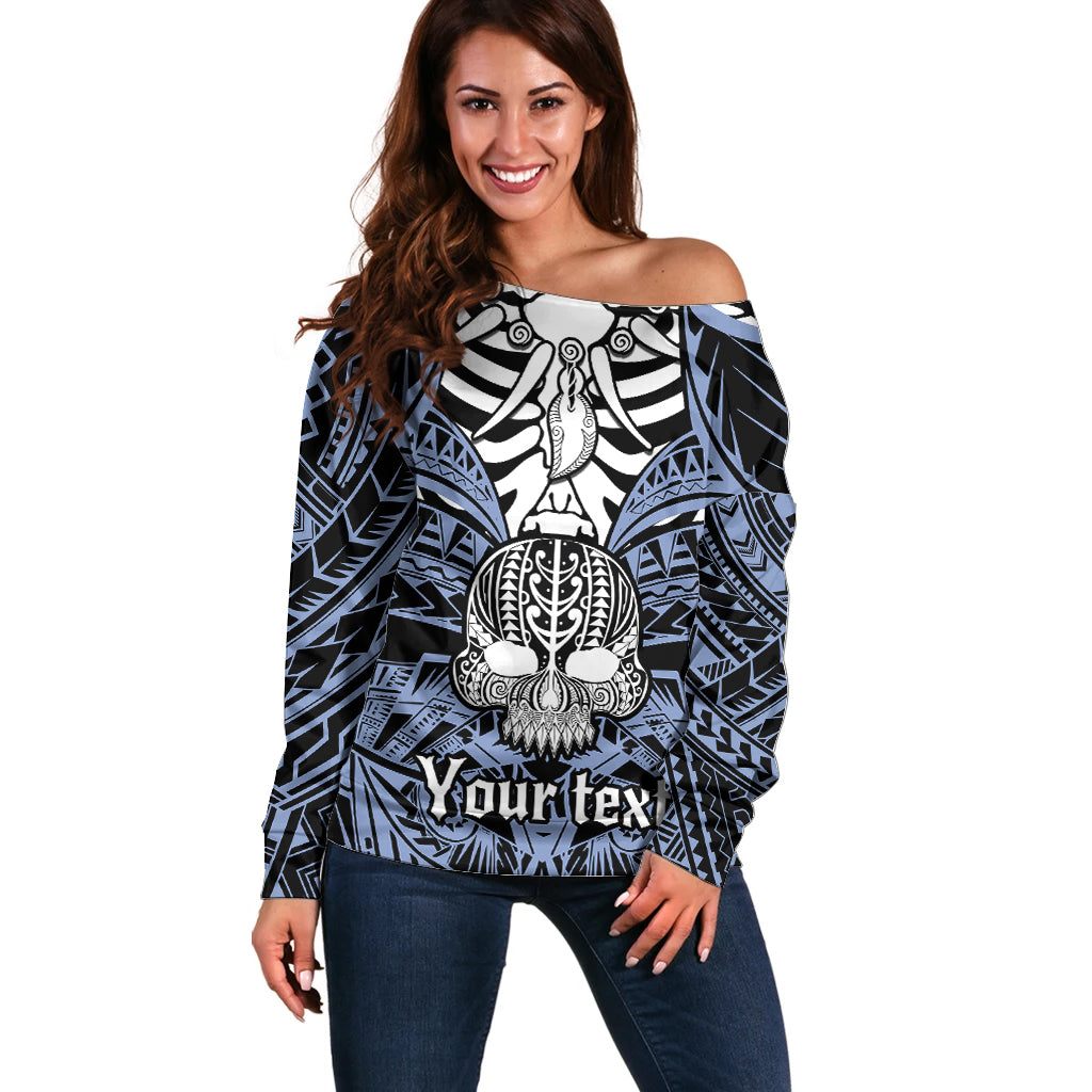 Personalised Polynesia Skull Off Shoulder Sweater With Boars Tusk Blue Arty Vibe - Wonder Print Shop