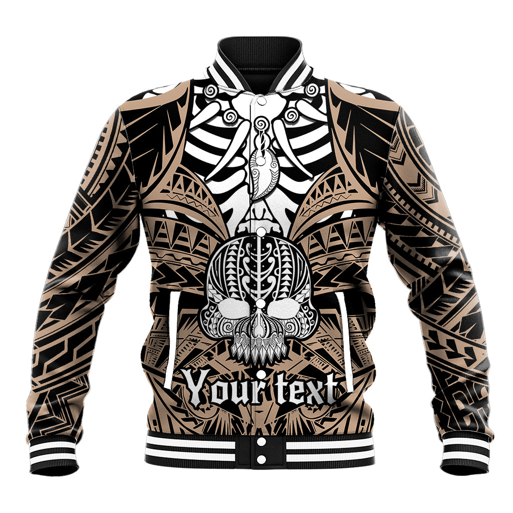 Skull graphic baseball jacket in black and tan with striped rib collar and snap front
