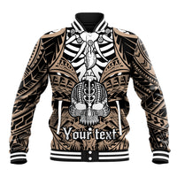 Skull graphic baseball jacket in black and tan with striped rib collar and snap front