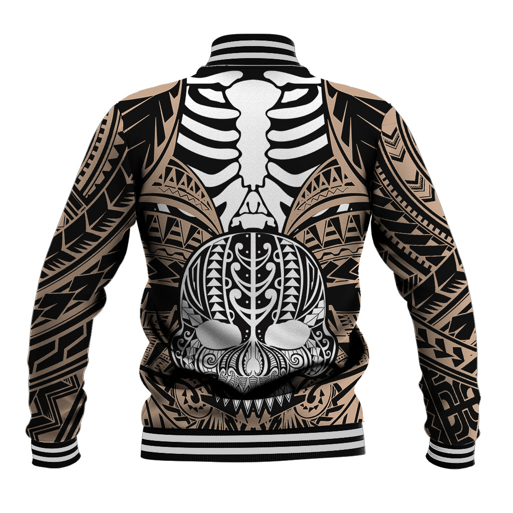 Skull graphic baseball jacket, black and tan back, striped rib cuffs and hem