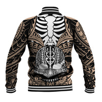 Skull graphic baseball jacket, black and tan back, striped rib cuffs and hem