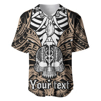 Black and gold skull graphic baseball jersey with button placket and short sleeves