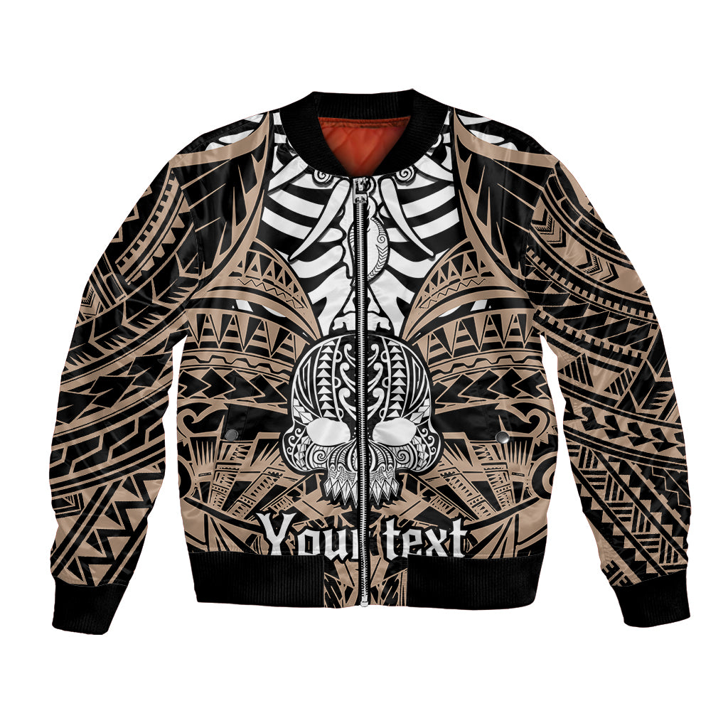 Bomber jacket with ribbed collar, black and gold-toned tribal print, skull front graphic, zip-up