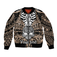 Bomber jacket with ribbed collar, black and gold-toned tribal print, skull front graphic, zip-up