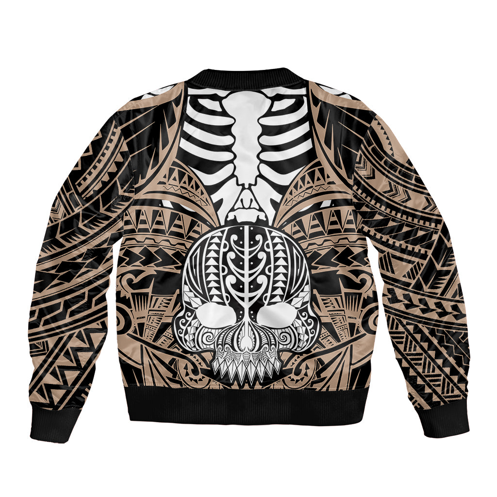 Bomber jacket with ribbed hem and cuffs, gold-toned tribal pattern, skull illustration, zip-up