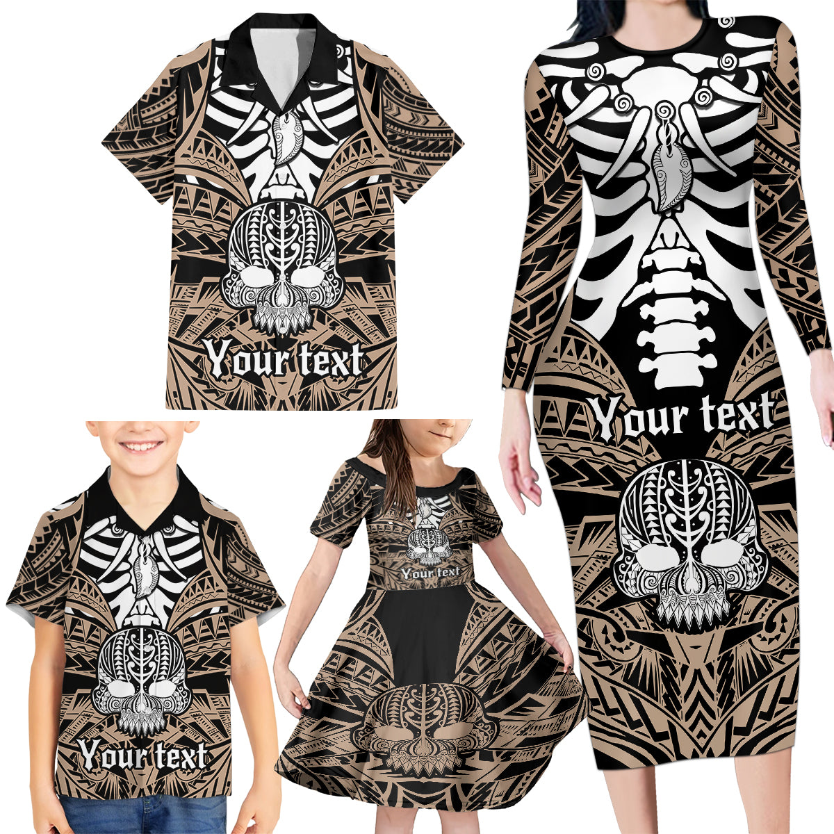 Personalised Polynesia Skull Family Matching Long Sleeve Bodycon Dress and Hawaiian Shirt With Boars Tusk Gold Arty Vibe LT9 - Wonder Print Shop