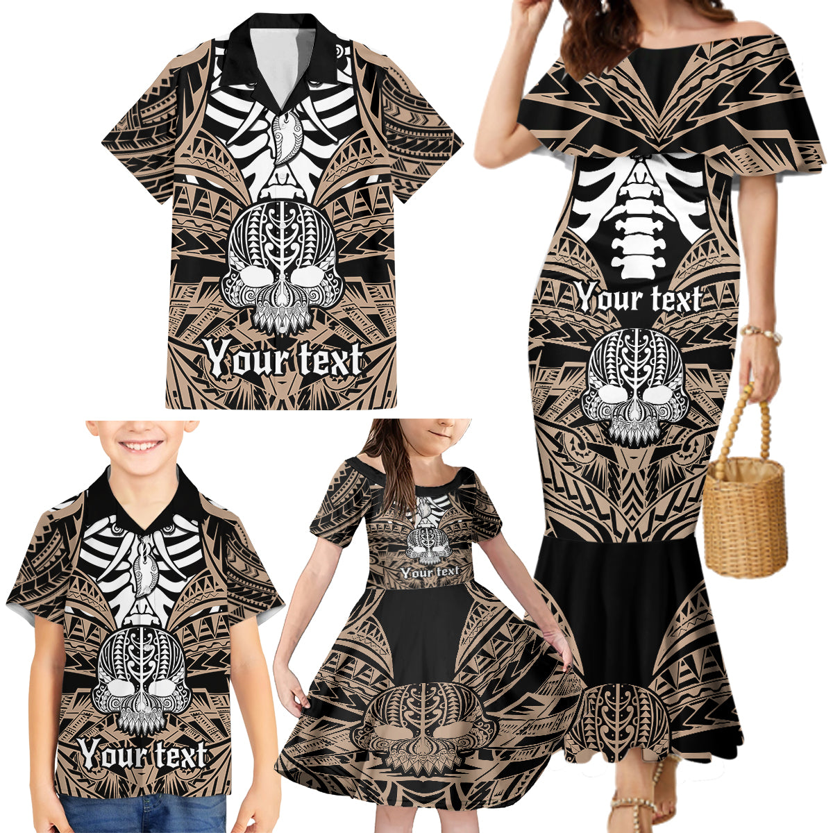 Personalised Polynesia Skull Family Matching Mermaid Dress and Hawaiian Shirt With Boars Tusk Gold Arty Vibe LT9 - Wonder Print Shop