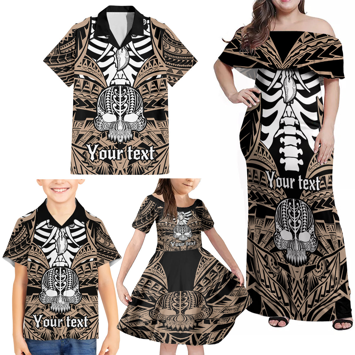 Personalised Polynesia Skull Family Matching Off Shoulder Maxi Dress and Hawaiian Shirt With Boars Tusk Gold Arty Vibe LT9 - Wonder Print Shop