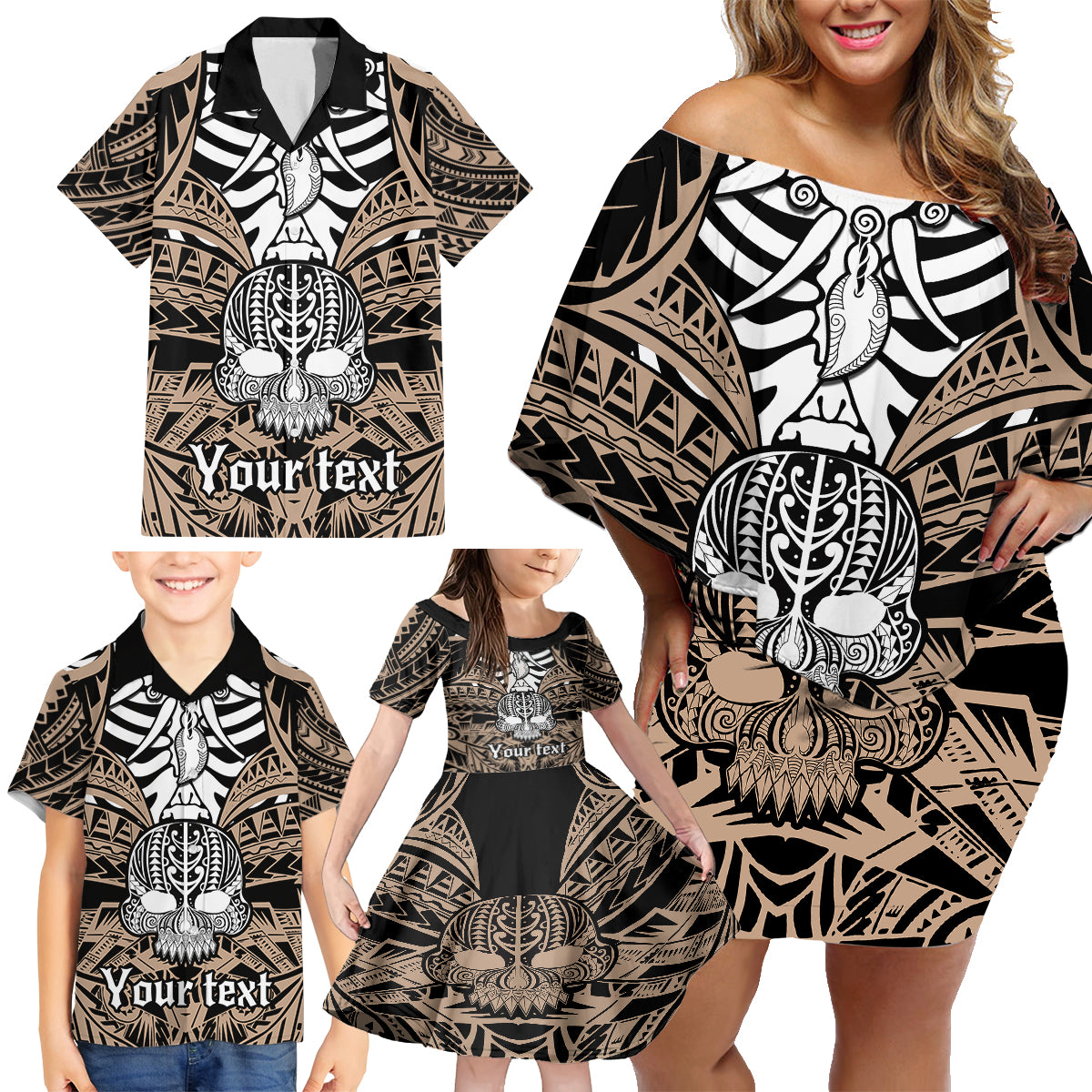 Personalised Polynesia Skull Family Matching Off Shoulder Short Dress and Hawaiian Shirt With Boars Tusk Gold Arty Vibe LT9 - Wonder Print Shop