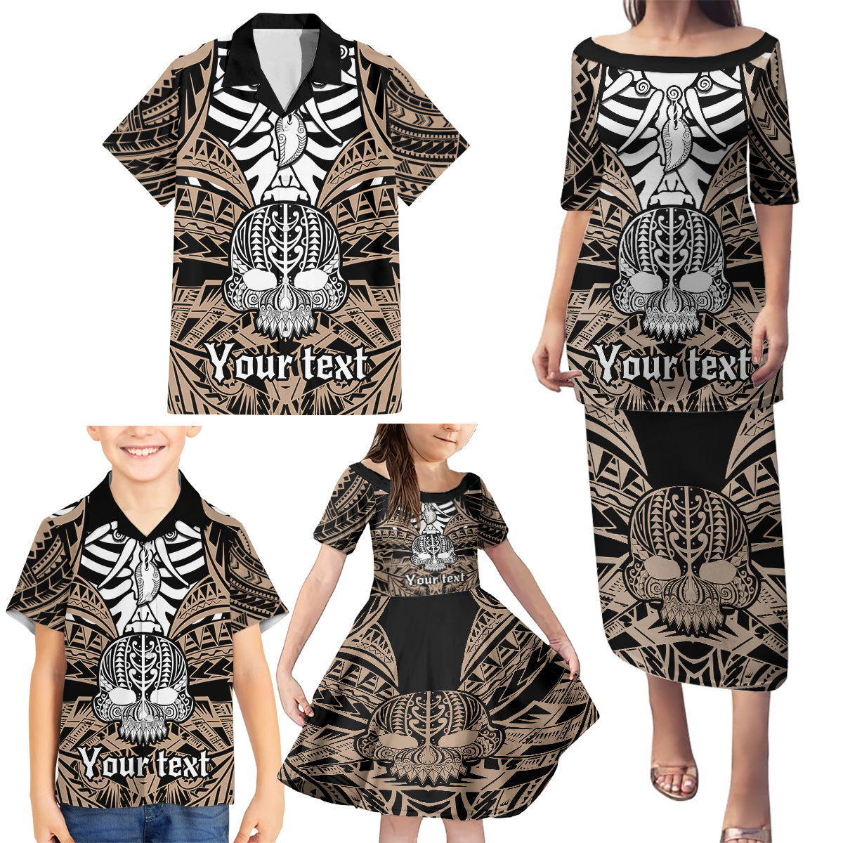 Personalised Polynesia Skull Family Matching Puletasi Dress and Hawaiian Shirt With Boars Tusk Gold Arty Vibe - Wonder Print Shop