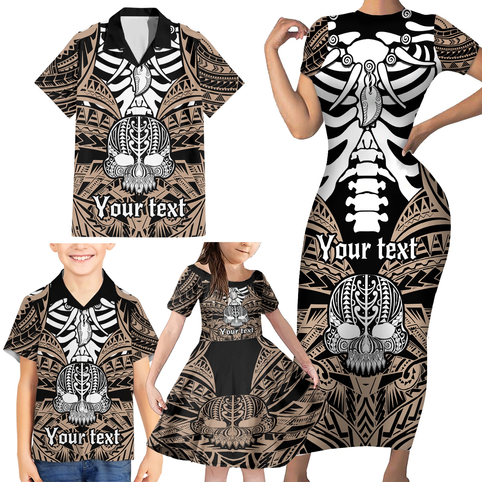 Personalised Polynesia Skull Family Matching Short Sleeve Bodycon Dress and Hawaiian Shirt With Boars Tusk Gold Arty Vibe - Wonder Print Shop