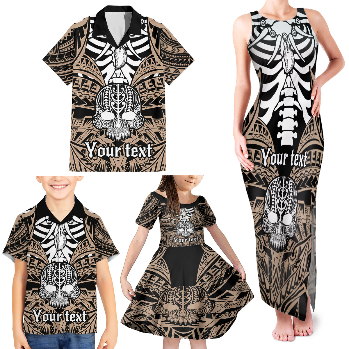 Personalised Polynesia Skull Family Matching Tank Maxi Dress and Hawaiian Shirt With Boars Tusk Gold Arty Vibe - Wonder Print Shop