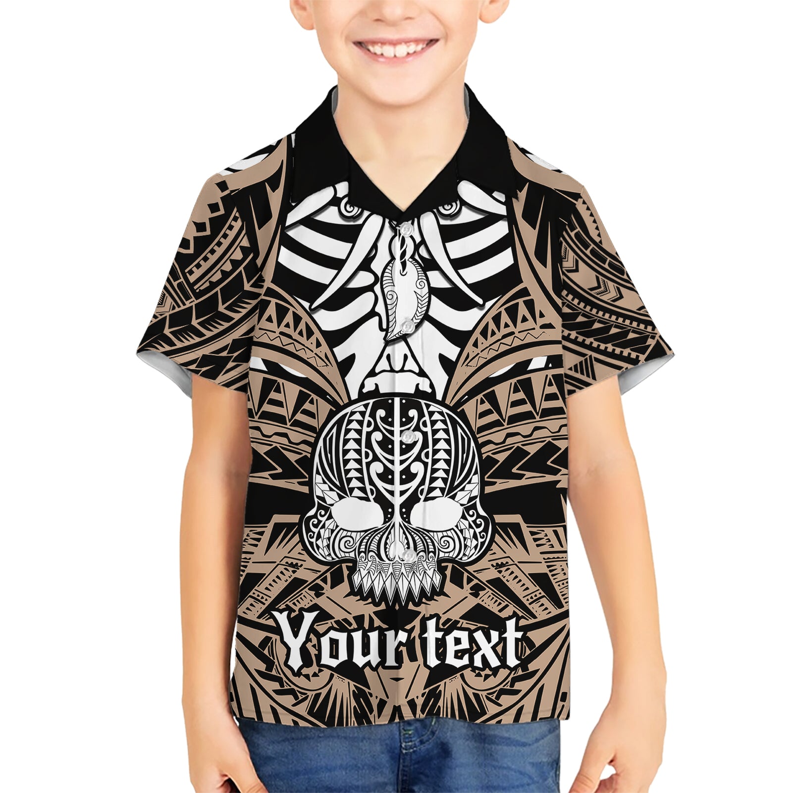 Personalised Polynesia Skull Kid Hawaiian Shirt With Boars Tusk Gold Arty Vibe - Wonder Print Shop