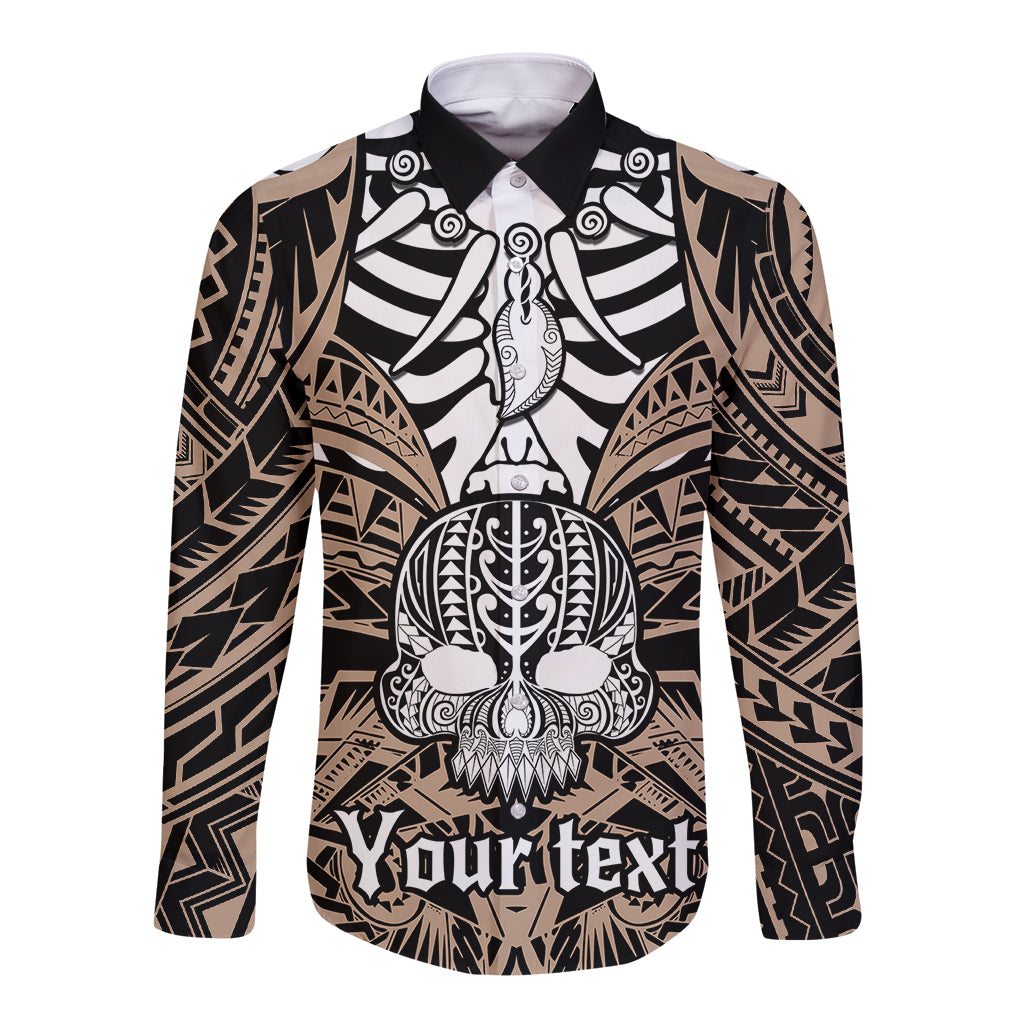 Personalised Polynesia Skull Long Sleeve Button Shirt With Boars Tusk Gold Arty Vibe - Wonder Print Shop