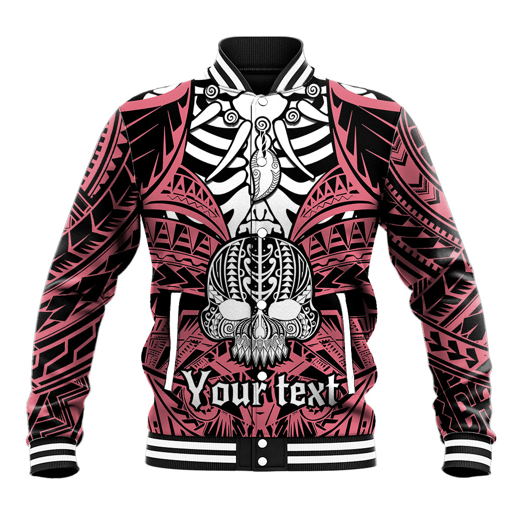 Pink skull baseball jacket with black tribal boar-tusk graphic, ribbed collar and cuffs