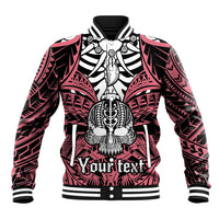 Pink skull baseball jacket with black tribal boar-tusk graphic, ribbed collar and cuffs