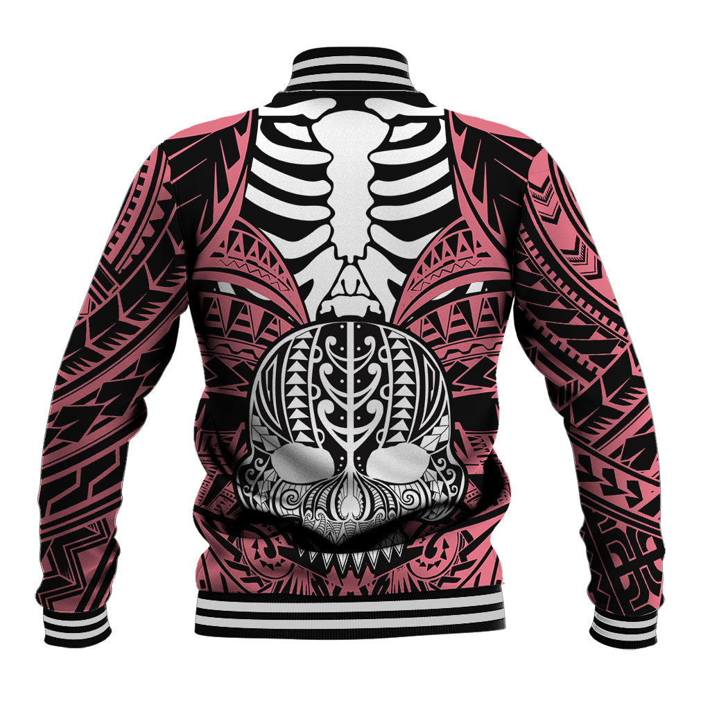 Pink skull baseball jacket with back ribcage and tusk motif, striped ribbed hem and cuffs