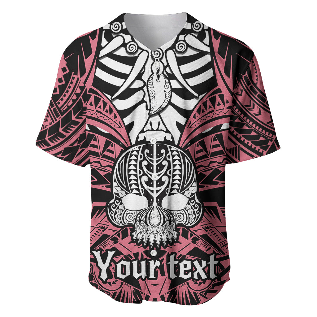 Personalised Polynesia Skull Baseball Jersey With Boars Tusk Pink Arty Vibe LT9 - Wonder Print Shop