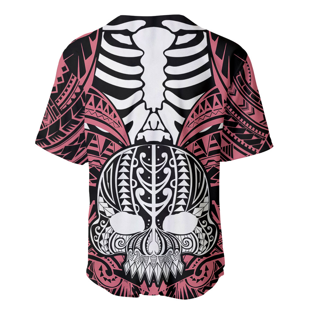 Pink baseball jersey with black/white skull back print and patterned sleeves