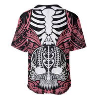 Pink baseball jersey with black/white skull back print and patterned sleeves