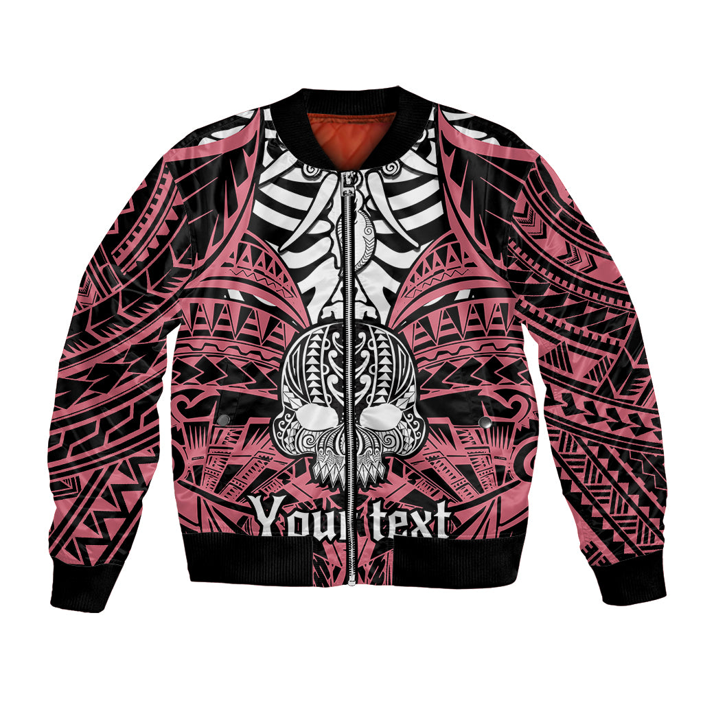 Pink bomber jacket with black ribbed collar, sleeves, and large skull graphic