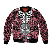 Pink bomber jacket with black ribbed collar, sleeves, and large skull graphic