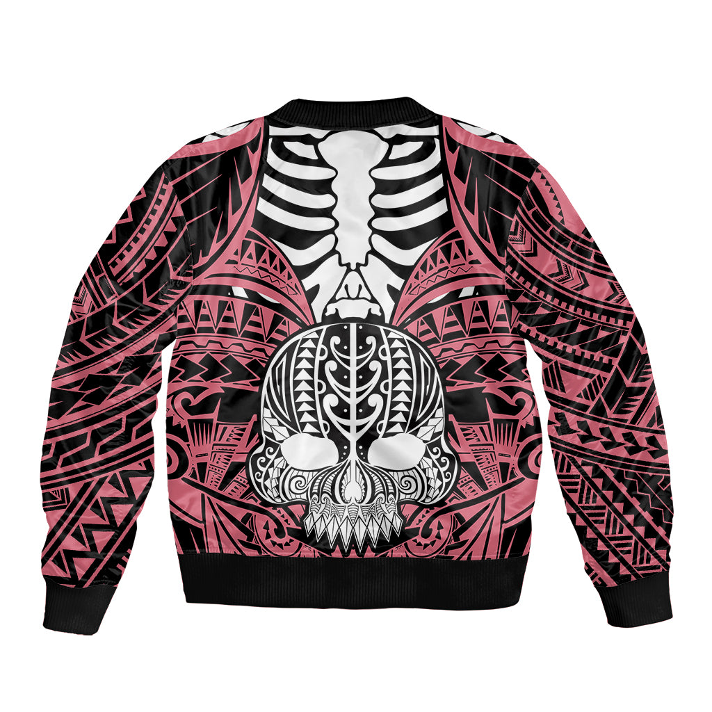 Pink bomber jacket with black ribbed cuffs and back print of skull and tusks
