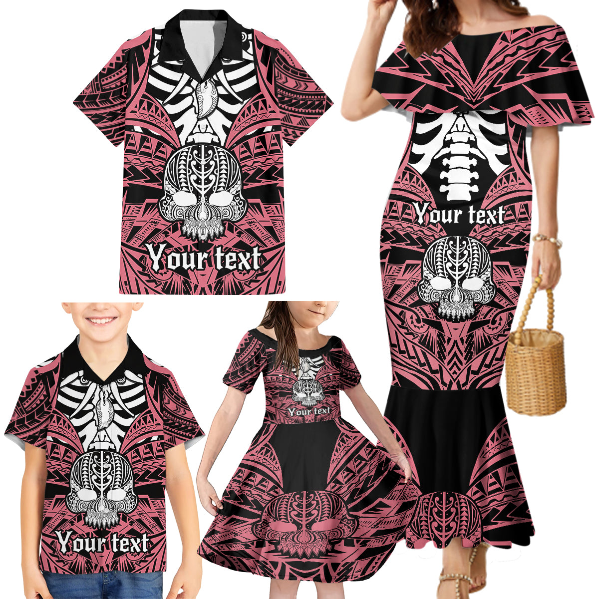 Personalised Polynesia Skull Family Matching Mermaid Dress and Hawaiian Shirt With Boars Tusk Pink Arty Vibe LT9 - Wonder Print Shop