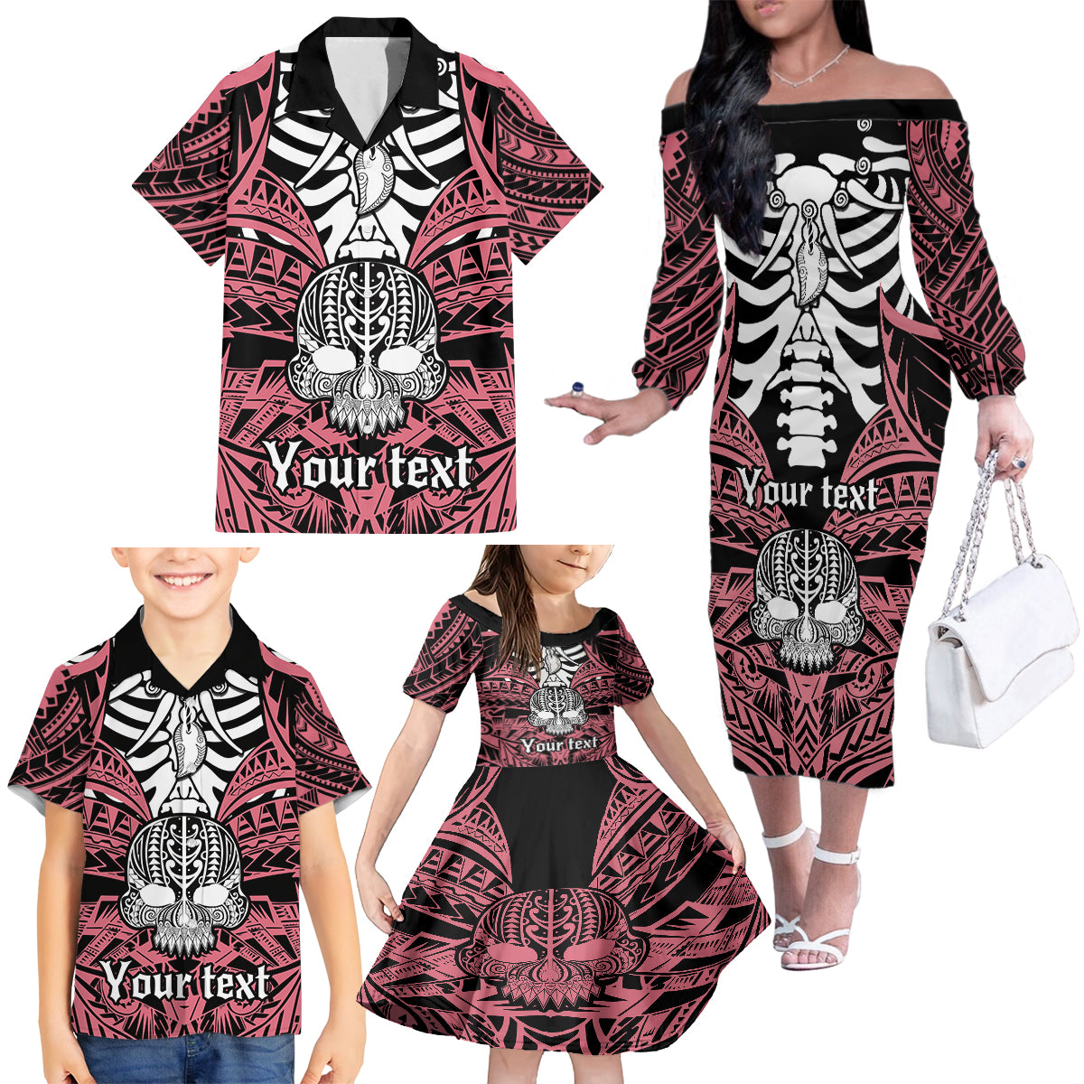 Personalised Polynesia Skull Family Matching Off Shoulder Long Sleeve Dress and Hawaiian Shirt With Boars Tusk Pink Arty Vibe - Wonder Print Shop