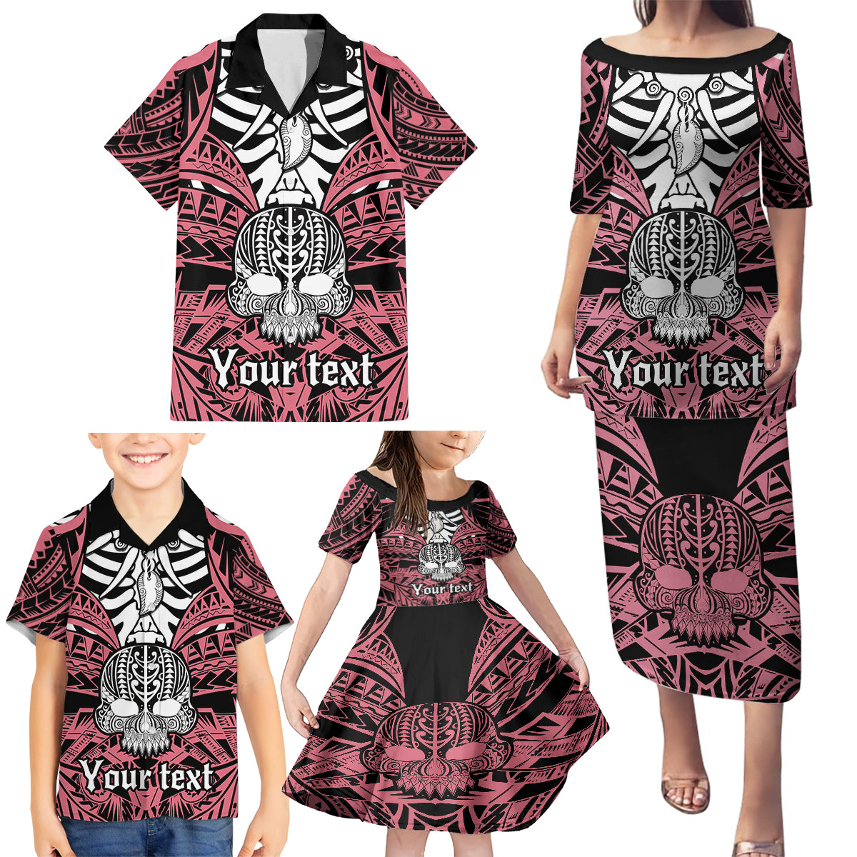 Personalised Polynesia Skull Family Matching Puletasi Dress and Hawaiian Shirt With Boars Tusk Pink Arty Vibe - Wonder Print Shop