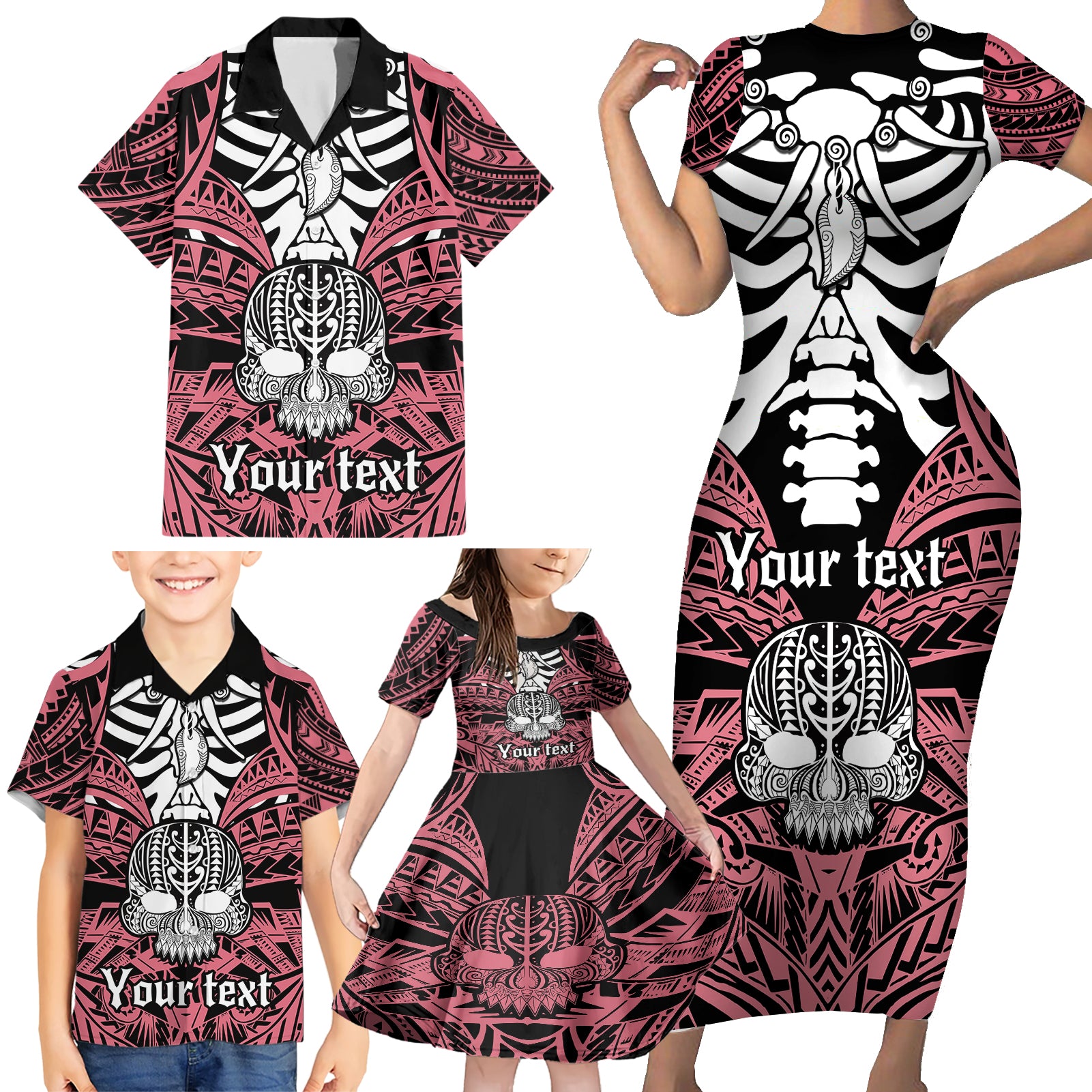 Personalised Polynesia Skull Family Matching Short Sleeve Bodycon Dress and Hawaiian Shirt With Boars Tusk Pink Arty Vibe - Wonder Print Shop