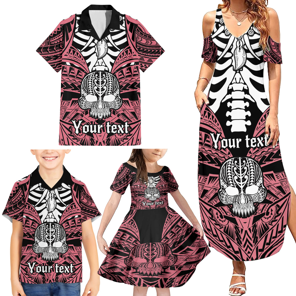 Personalised Polynesia Skull Family Matching Summer Maxi Dress and Hawaiian Shirt With Boars Tusk Pink Arty Vibe - Wonder Print Shop