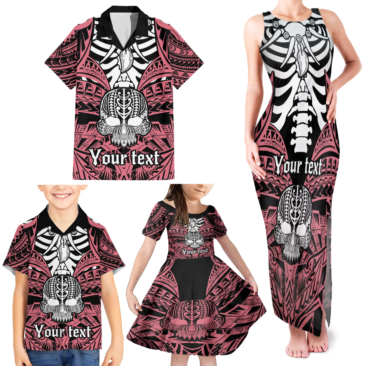 Personalised Polynesia Skull Family Matching Tank Maxi Dress and Hawaiian Shirt With Boars Tusk Pink Arty Vibe - Wonder Print Shop