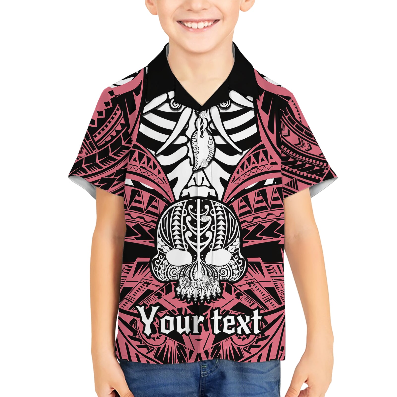 Personalised Polynesia Skull Kid Hawaiian Shirt With Boars Tusk Pink Arty Vibe - Wonder Print Shop