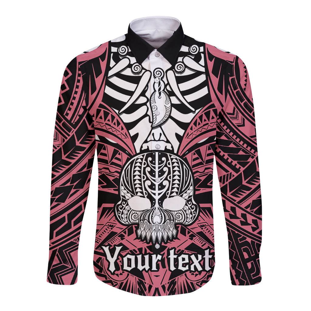 Pink long-sleeve button shirt with black/white skull graphic and placeholder text
